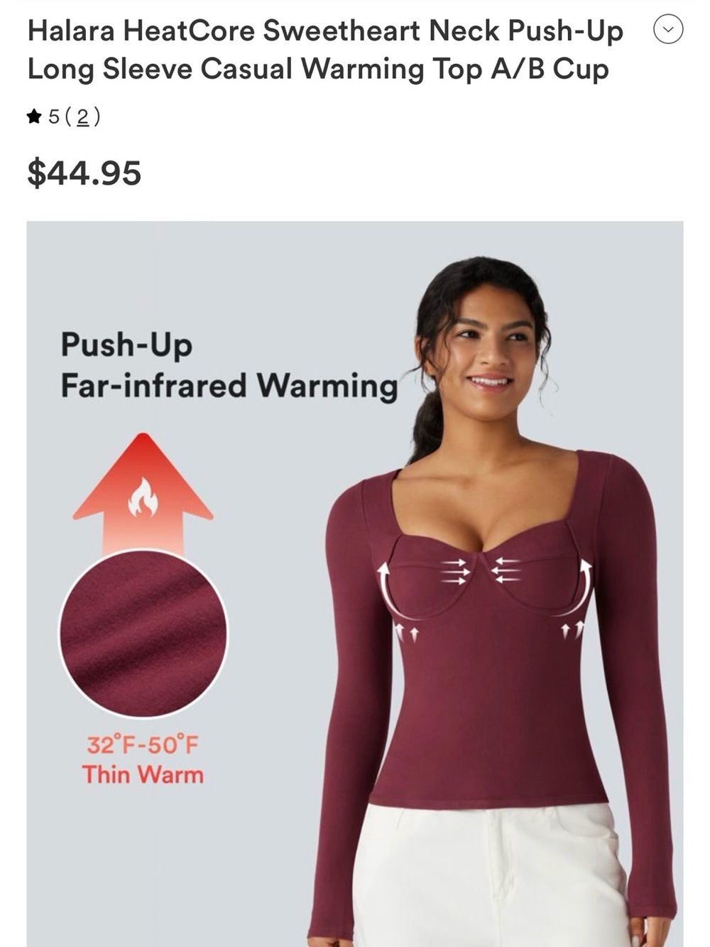 HALARA HeatCore Sweetheart Push-Up Long Sleeve Top - Burgundy